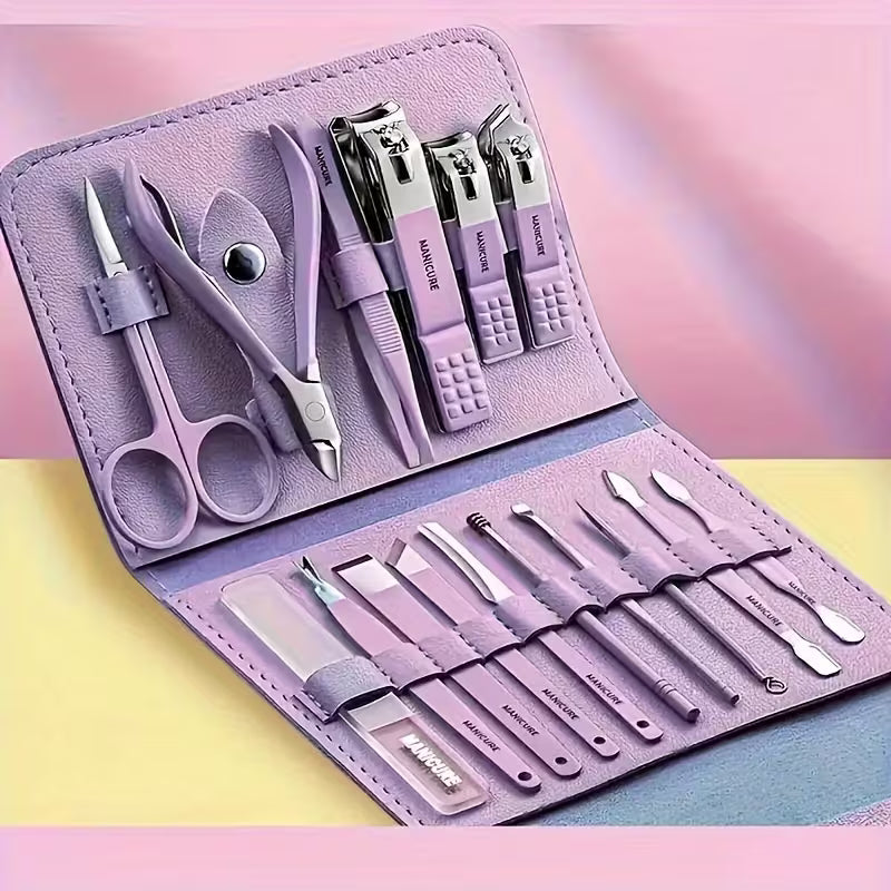 1 Set Of 16 Premium Stainless Steel Modern Style Of Nail Clippers Suit, Straight Blade Nail File, Ear Picks, Scissors, Beauty Care Professional Travel Kit