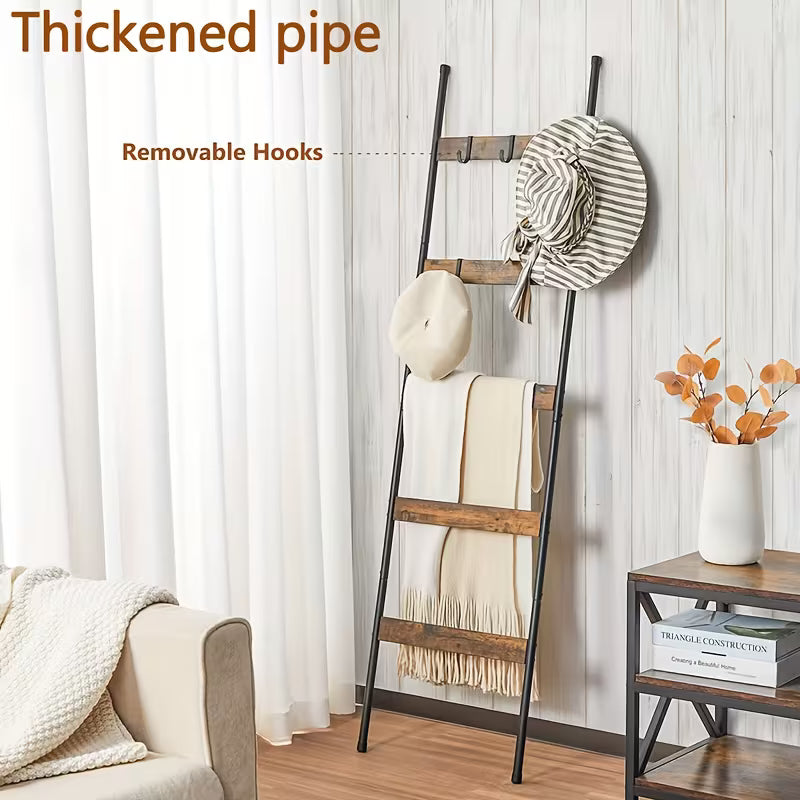 Blanket Ladder, 5 Tier Blanket Holder with 10 Removable Hooks