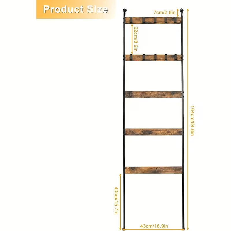 Blanket Ladder, 5 Tier Blanket Holder with 10 Removable Hooks