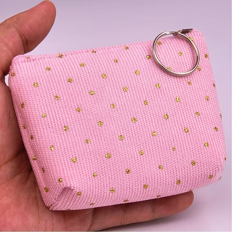 6 pc Women's Corduroy Polka Dot Coin Purse Clutch with Keychain
