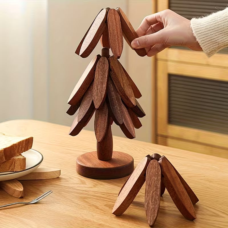 Solid Wood Heat Insulation Mat Set, Heat-resistant Table Mats, Tree-shaped Design