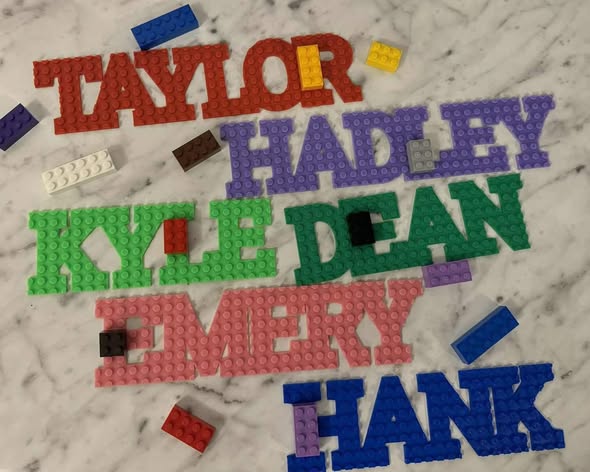 LEGO-style name boards