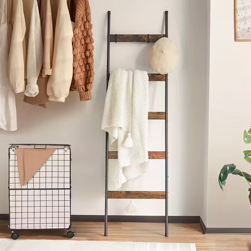 Blanket Ladder, 5 Tier Blanket Holder with 10 Removable Hooks