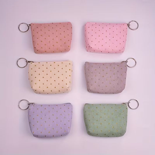 6 pc Women's Corduroy Polka Dot Coin Purse Clutch with Keychain