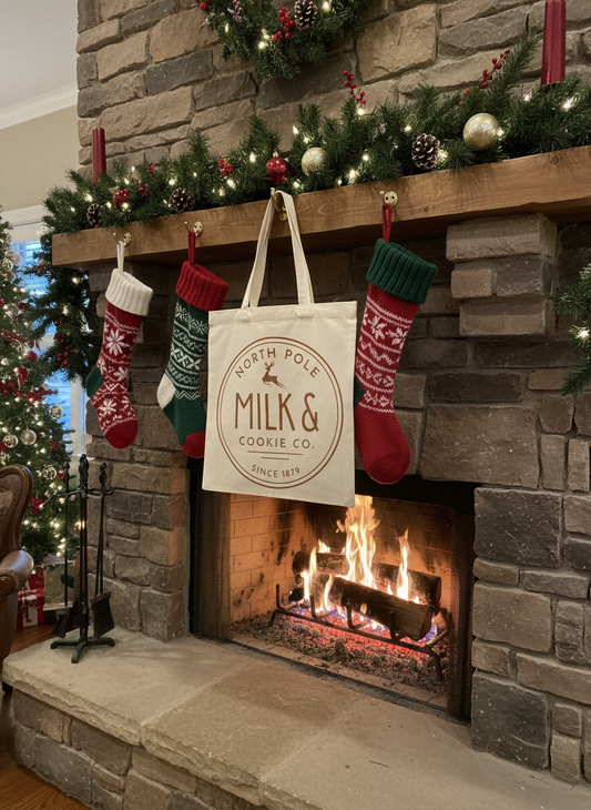 “North Pole Milk &amp; Cookie Co.” tote bag