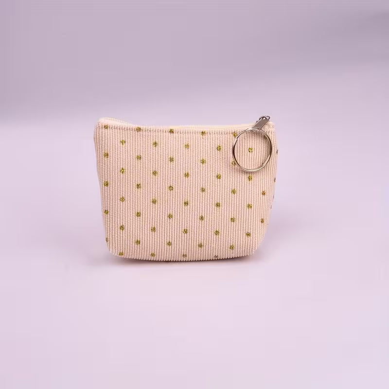 6 pc Women's Corduroy Polka Dot Coin Purse Clutch with Keychain