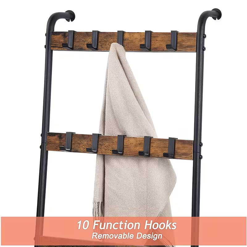 Blanket Ladder, 5 Tier Blanket Holder with 10 Removable Hooks
