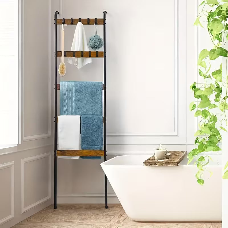 Blanket Ladder, 5 Tier Blanket Holder with 10 Removable Hooks