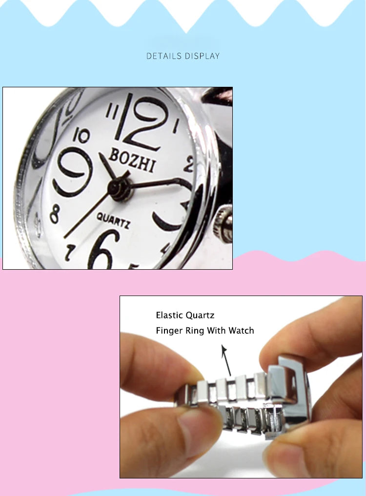 Finger Ring Watch Women/Girl Sleek Steel Round Dial Elastic Quartz Finger Ring With Watch Female Ring Mini Size Gift for Student
