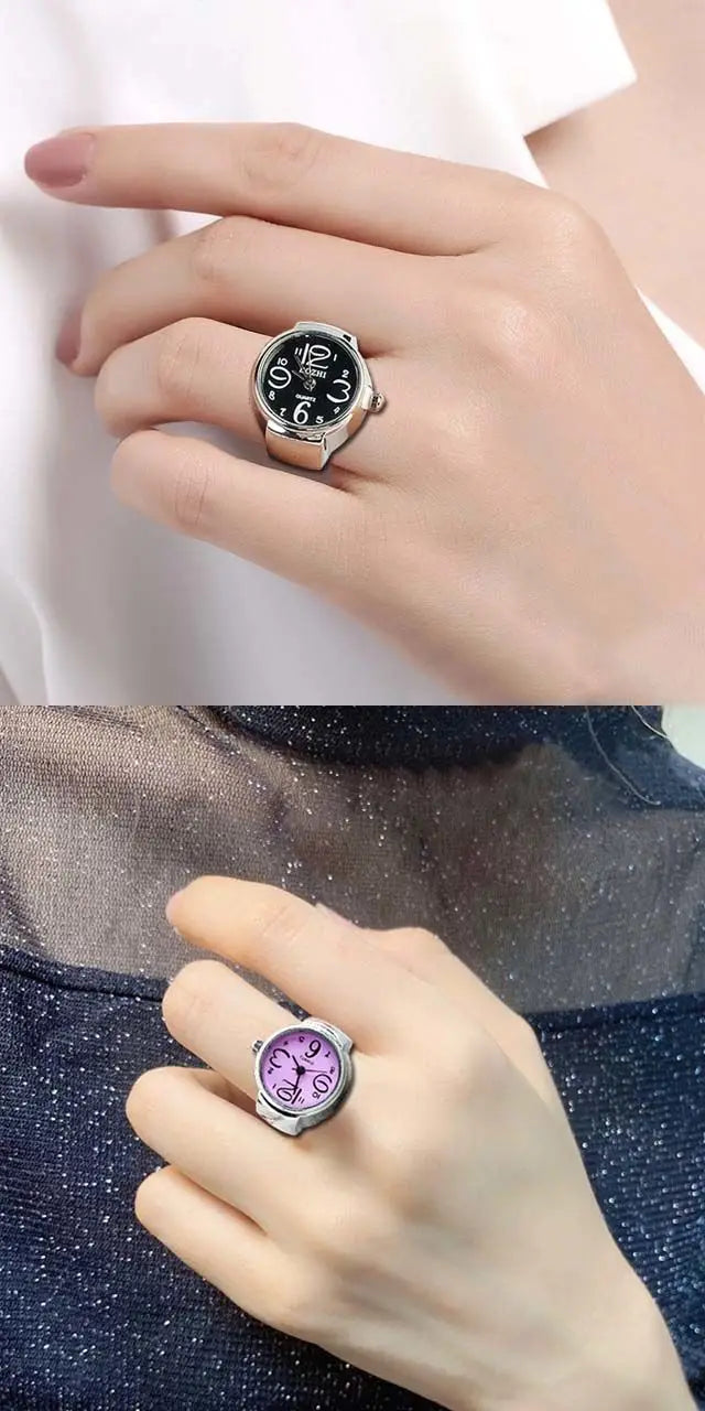 Finger Ring Watch Women/Girl Sleek Steel Round Dial Elastic Quartz Finger Ring With Watch Female Ring Mini Size Gift for Student