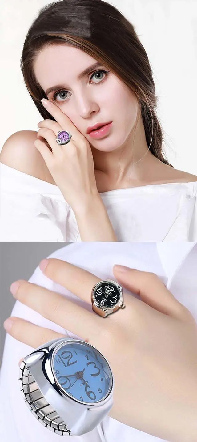Finger Ring Watch Women/Girl Sleek Steel Round Dial Elastic Quartz Finger Ring With Watch Female Ring Mini Size Gift for Student