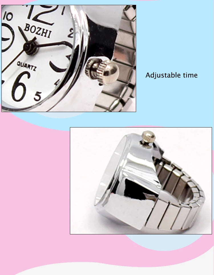 Finger Ring Watch Women/Girl Sleek Steel Round Dial Elastic Quartz Finger Ring With Watch Female Ring Mini Size Gift for Student