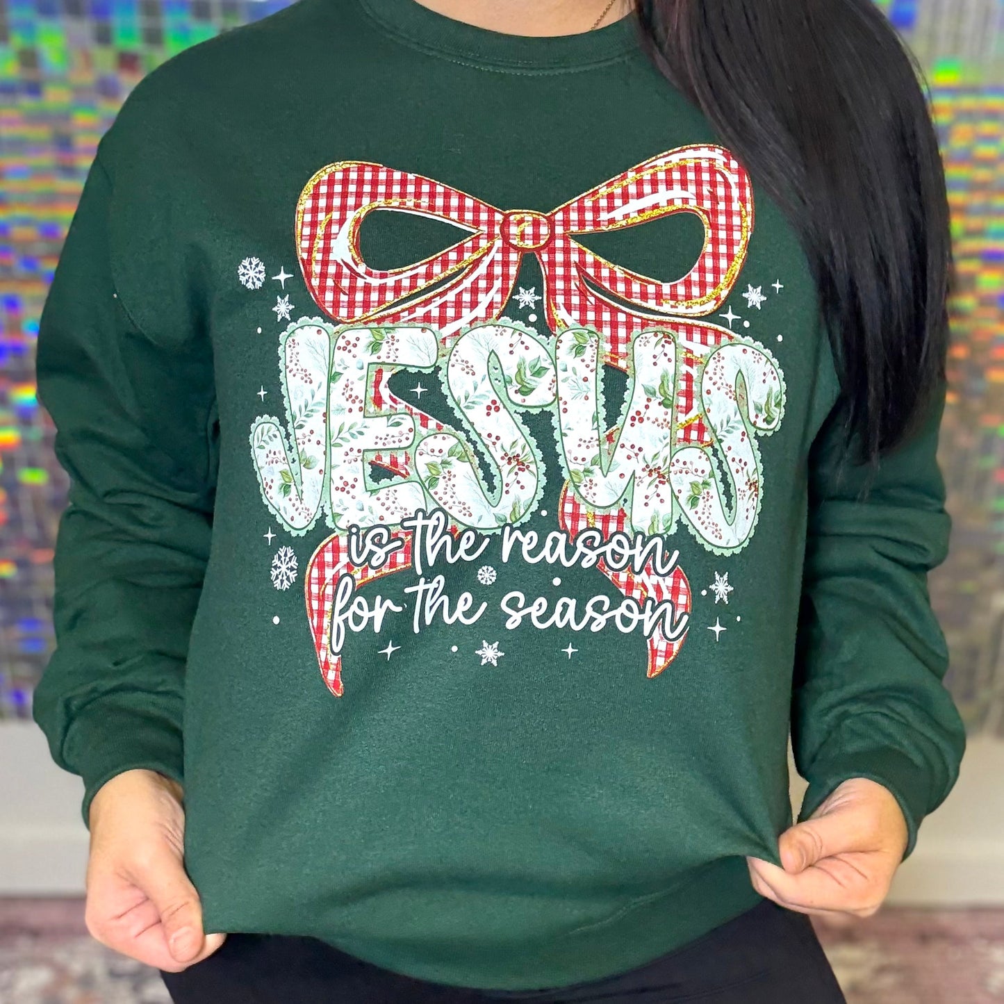 Plaid Bow Jesus Is The Reason Graphic Crewneck D-1062