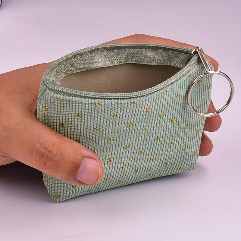 6 pc Women's Corduroy Polka Dot Coin Purse Clutch with Keychain