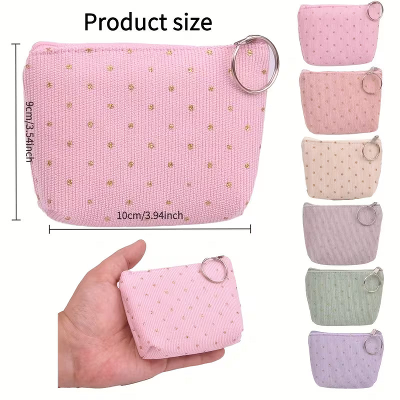 6 pc Women's Corduroy Polka Dot Coin Purse Clutch with Keychain
