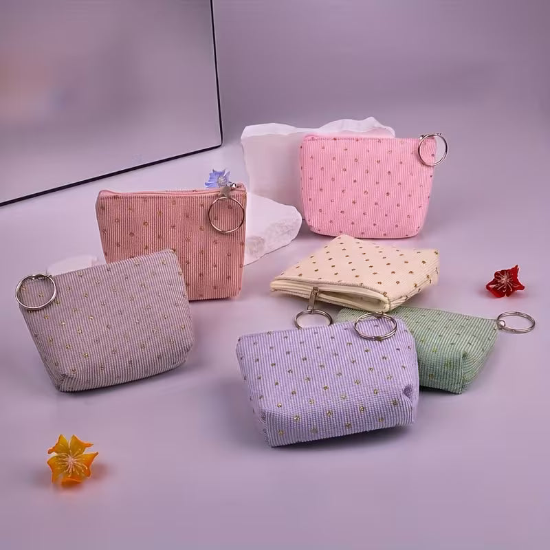 6 pc Women's Corduroy Polka Dot Coin Purse Clutch with Keychain