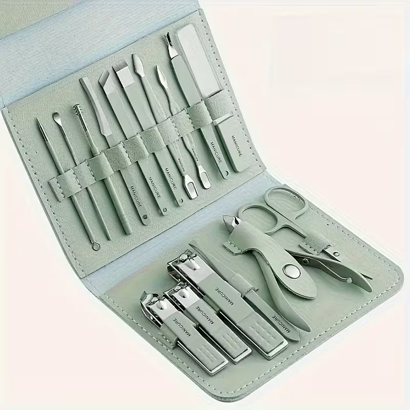 1 Set Of 16 Premium Stainless Steel Modern Style Of Nail Clippers Suit, Straight Blade Nail File, Ear Picks, Scissors, Beauty Care Professional Travel Kit